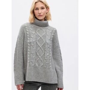 Gap Womens Light Gray 24/7 Split-Hem Cable-Knit Turtle Neck Sweater Sz M NWT $89